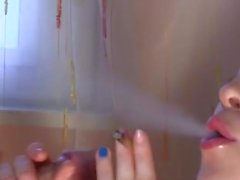 Brunette wife sucking cock while smoking