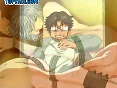 Tied up anime boy licking a hard firm cock and riding hard cock