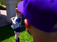 Athletic Man Gives Petite Blonde A Baseball Lesson