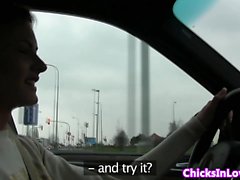 Euro girlfriends in car licking pussy